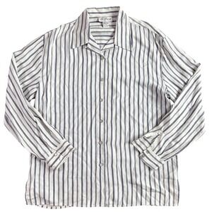 Lee David Collection Womens Large White Navy Blue Striped 100% Pure Silk Shirt